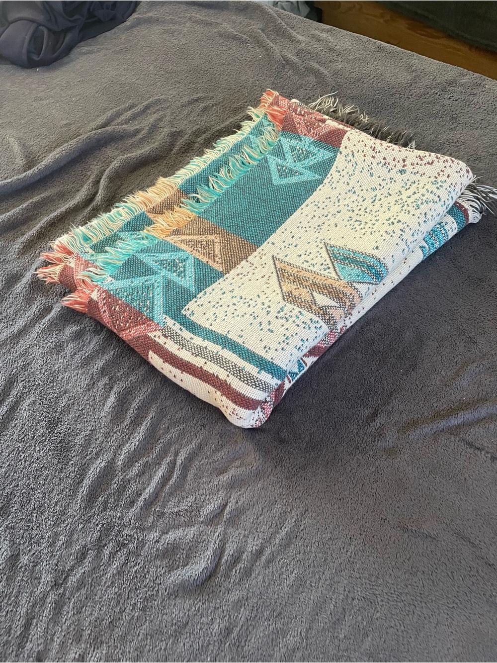 Southwestern Stripe Woven Throw Blanket in Teal, Rust & Brown - Picture 3 of 3